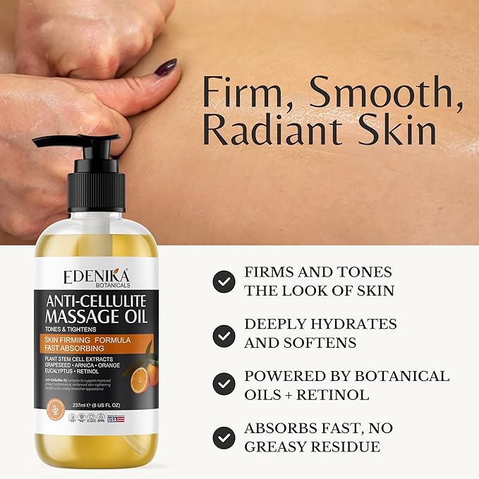Firming Anti Cellulite Massage Oil, Grapeseed Oil, Caffeine, Plant Stem Cells & Retinol, Supports Tighter, Smoother-Looking Skin on Body, Legs, Thighs & Buttocks, 2-Pack