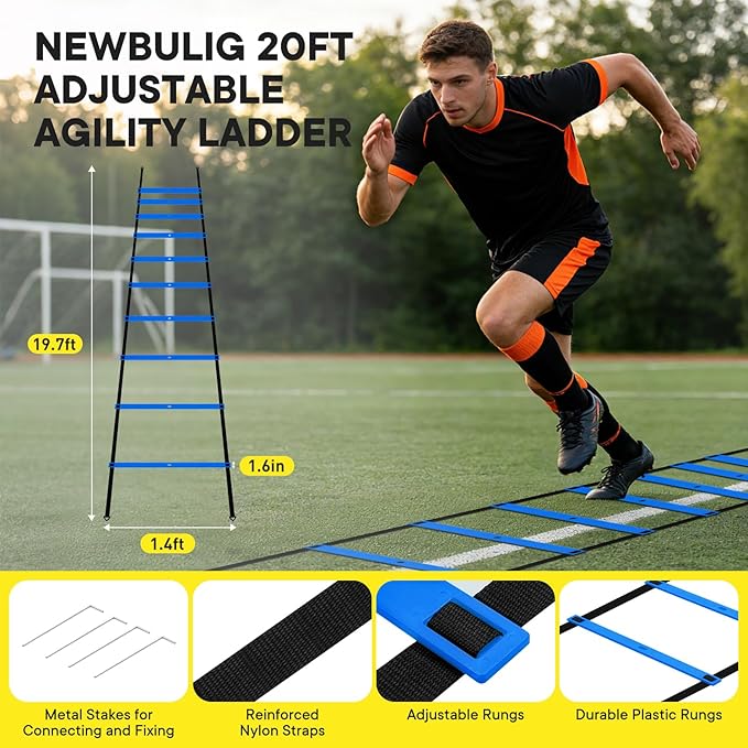 NEWBULIG Agility Ladder Speed Training Equipment, Football Practice Set with 20ft Ladder, 12 Cones, 4 Adjustable Hurdles, Jump Rope, Resistance Parachute for Soccer, Basketball, Youth, Adults