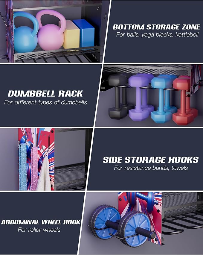 Dumbbell Rack with APP-Controlled LED Lights, Weight Rack for Home Gym Storage, Modern Perforated Wall-Mounted Organizer for Dumbbells, Weight Plates & Accessories, Space Saving
