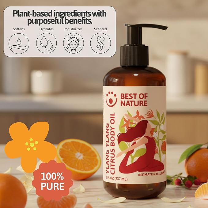 Best of Nature Ylang Ylang Citrus Body Oil Blend - Non-Greasy Aromatherapy Massage Oil for Body, Skin & Face, Crafted with Pure Essential Oils, (8 fl oz)