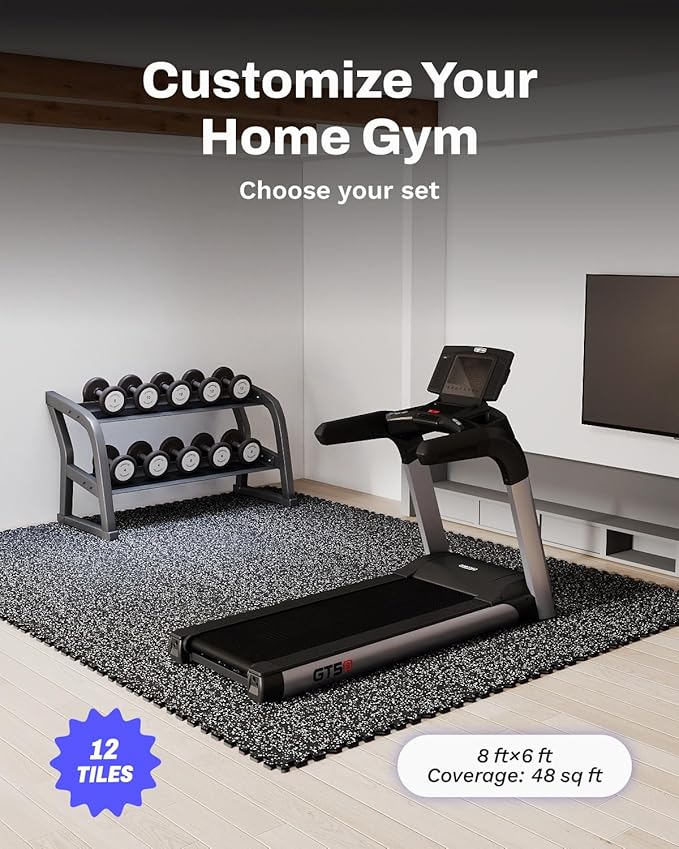 AIRHOP 0.79in Thick 48 Sq Ft Exercise Equipment Mats, 12 Tiles Upgraded Rubber Top with High Density EVA Foam, Large Interlocking Puzzle Gym Flooring for Home Gym, Heavy Weight Workout,Black & White