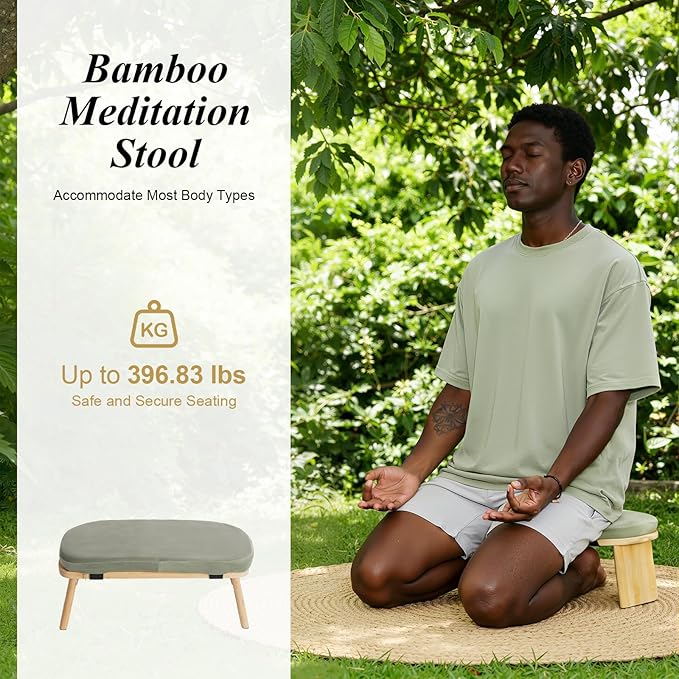Meditation Bench, Foldable Ergonomic Meditation Stool Foldable Bamboo Kneeling Meditation Wooden Bench Yoga Stool Floor Sitting Prayer Bench for Yoga or Sitting (Green)