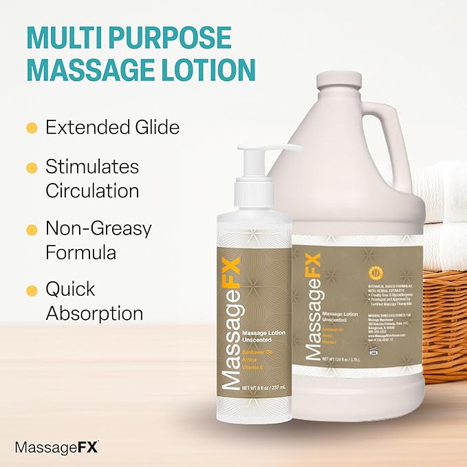 Massage FX Unscented Massage Lotion, 1 Gallon - Soothing Formula Provides Smooth Extended Glide - Non Sticky Formula Easy Glide Smooth Touch with Natural Botanicals for Ultra Spa Experience