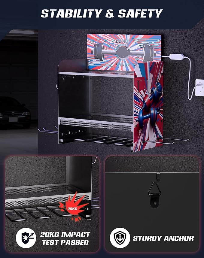 Dumbbell Rack with APP-Controlled LED Lights, Weight Rack for Home Gym Storage, Modern Perforated Wall-Mounted Organizer for Dumbbells, Weight Plates & Accessories, Space Saving