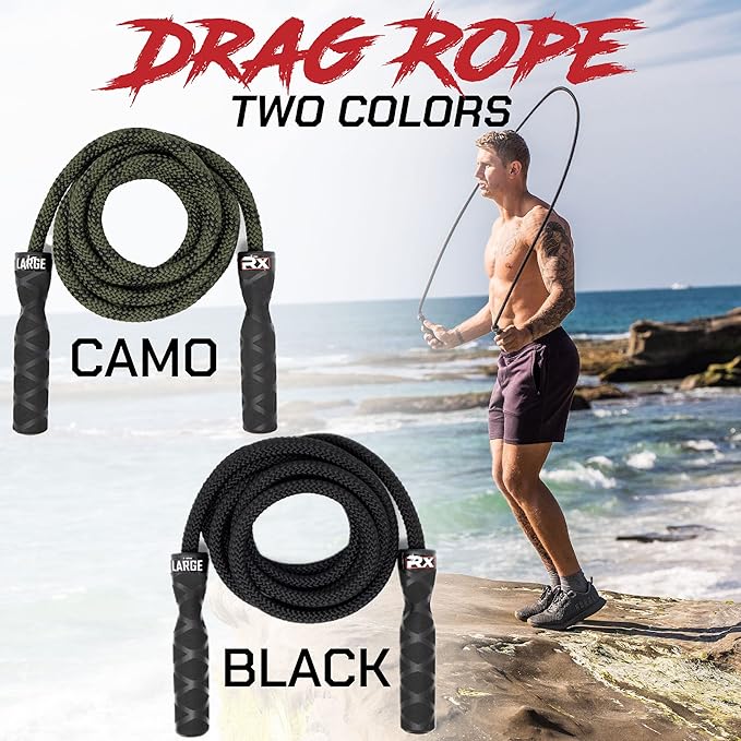 Rx Smart Gear Drag Jump Rope w/Non Slip Ergonomic Handles - Weighted Polypropylene Rope for Fitness & Exercise, Cardio Workout, WOD | Speed Jumping Rope for Men & Women