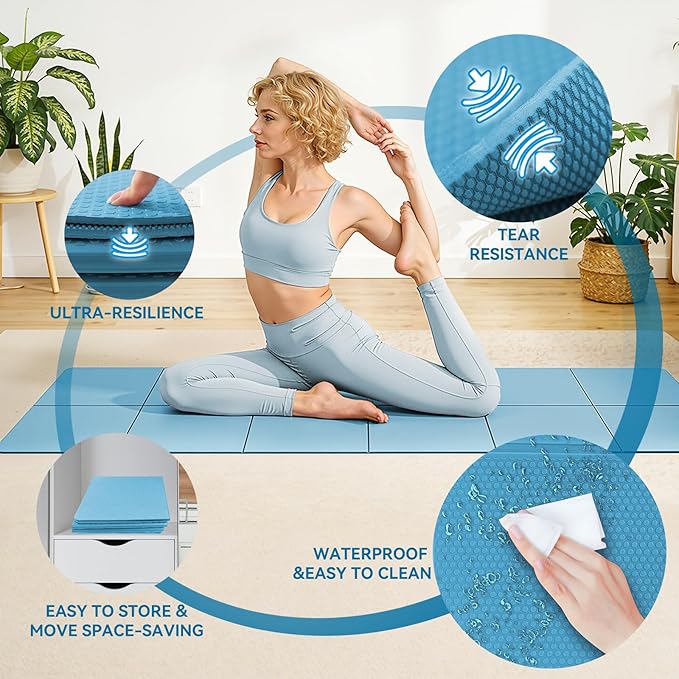 Foldable Travel Yoga Mat 72"x24"x0.24", Lightweight Non Slip Exercise Mat, Portable Folding Workout Mat for Yoga, Pilates, Stretching, Home Gym, Outdoor Fitness & Travel