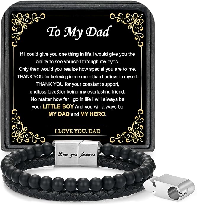 LUXEJEW Gifts for Men - Beaded Leather Bracelet 6mm Matte Agate Stone Bracelets for Men Dad Son Husband Boyfriend Grandpa Grandson Brother Uncle Nephew Adjustable Magnetic Clasp