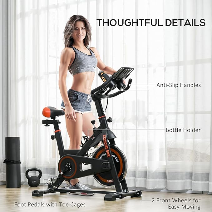 Soozier Exercise Bike, Flywheel Indoor Stationary Bike, Adjustable Height and Resistance, with LCD Monitor, Comfortable Seat Cushion, 264 lbs Capacity, Black and Red