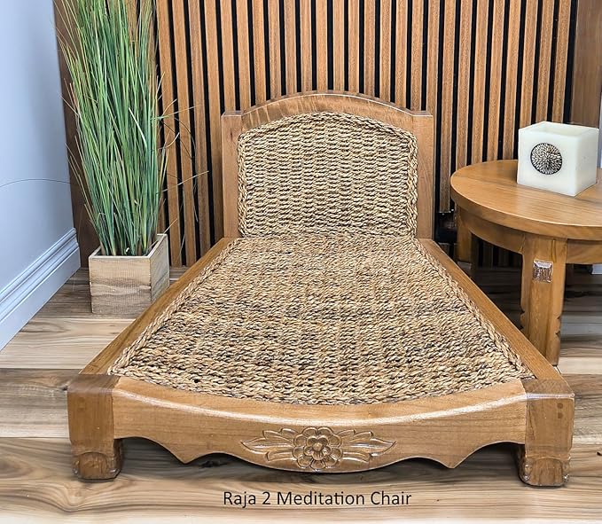 Handcrafted Wooden Meditation Chair with Woven Seagrass Seat, 30 x 28 x 18 inches (Chocolate)