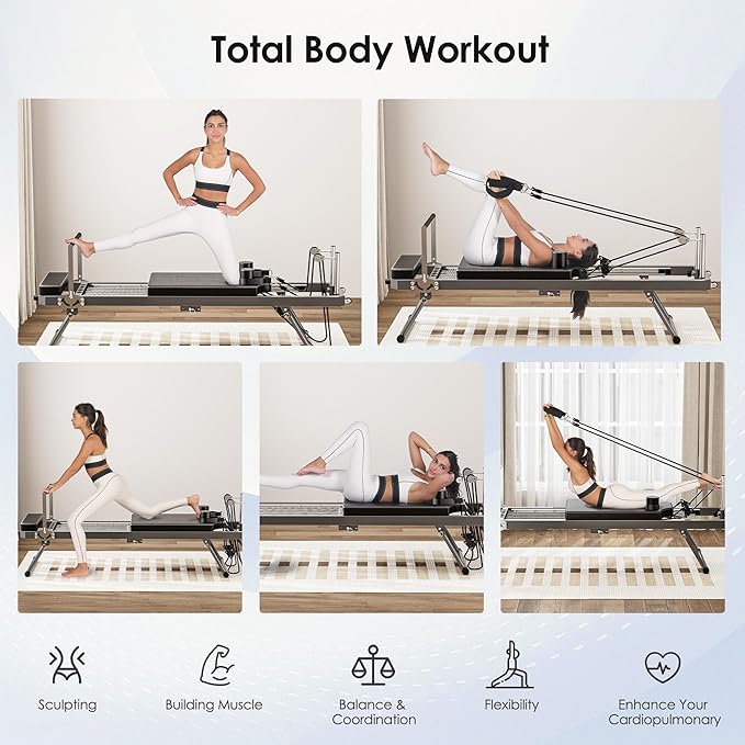Foldable Pilates Reformer Machine for Home Use - 330lbs Capacity with 5 Alloy Springs, 11 Resistance Levels & UP Leather Surface, Space-Saving Fitness Equipment