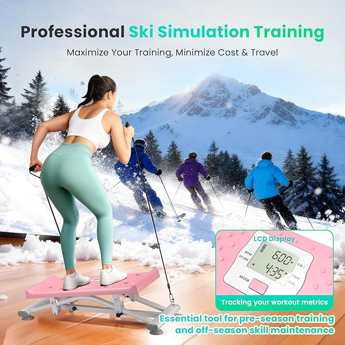 Balance Board with Pushup Handles, 300LBS Ski Balancing Machine Exercise Equipment with Resistance Bands LCD Monitor for Cardio, Home Ski Simulator Trainer for Full Body Workout, Pink