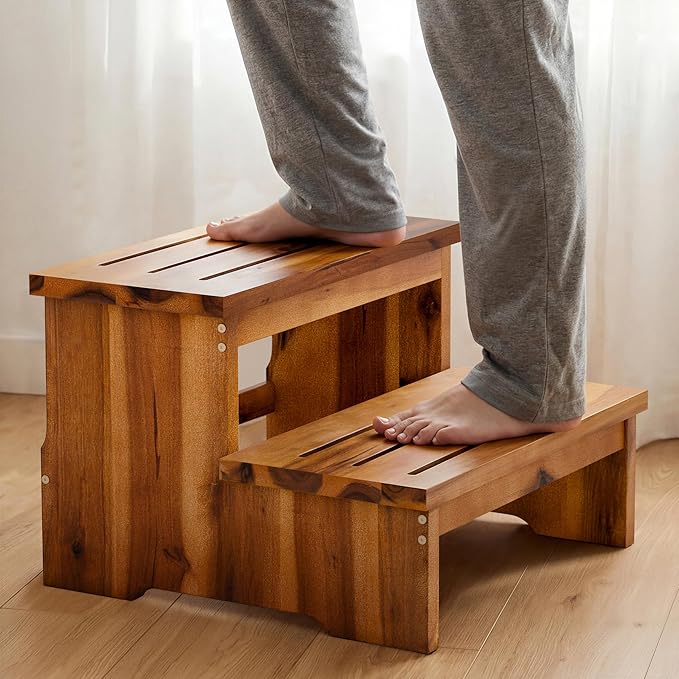 TINAMO 16.5" Long Step Stool for Adult - Acacia Wood Two Step Stool 500 Lbs - Wooden Riser 2-Step Spa & Hot Tub Stairs for Pool - Heavy Duty 2 Step Stools for Bed, Kitchen (Patent Pending)