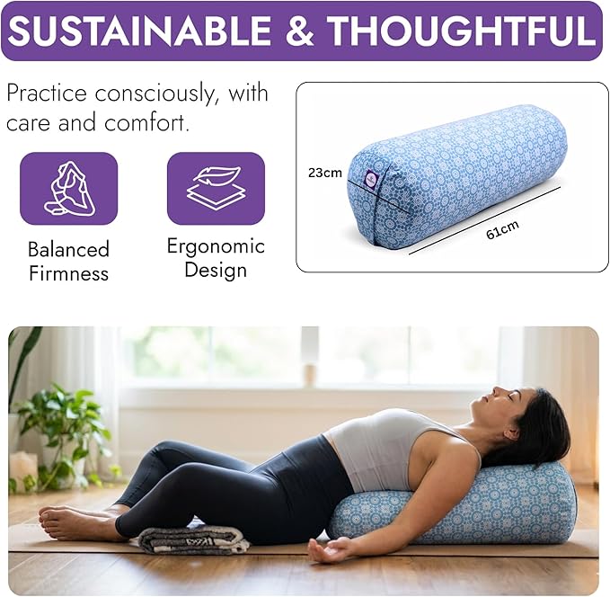 Yogikuti Iyengar Yoga Bolster for Restorative Yoga and Meditation – Lightweight Cotton Support Pillow with Handle for Easy Carry, Versatile for Pose Modification, Balance, Back Relief, and Relaxation