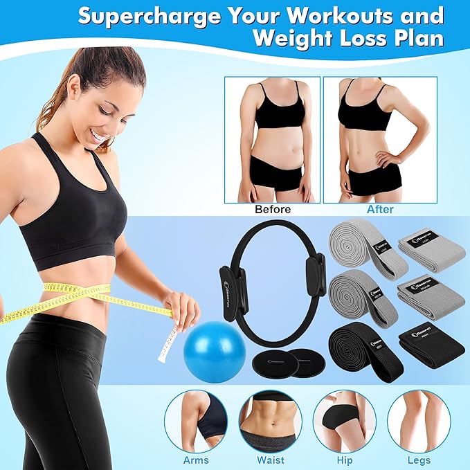 Pilates Ring Set Exercise Equipment, with Exercise Resistance Bands Set, Pilates Ball, Sliding Disks. Portable Home Gym - with Fitness Guide Poster