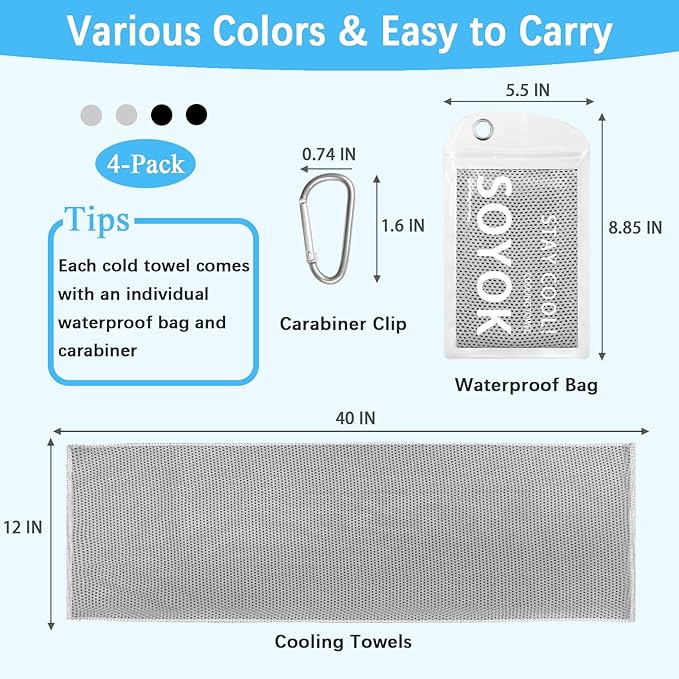 4 Packs Cooling Towels, 40" x 12" Microfiber Cooling Towels for Neck and Face, Soft Breathable for Working Out with Waterproof Bag & Carabiner, Suit for Running, Yoga, Climb, Travel