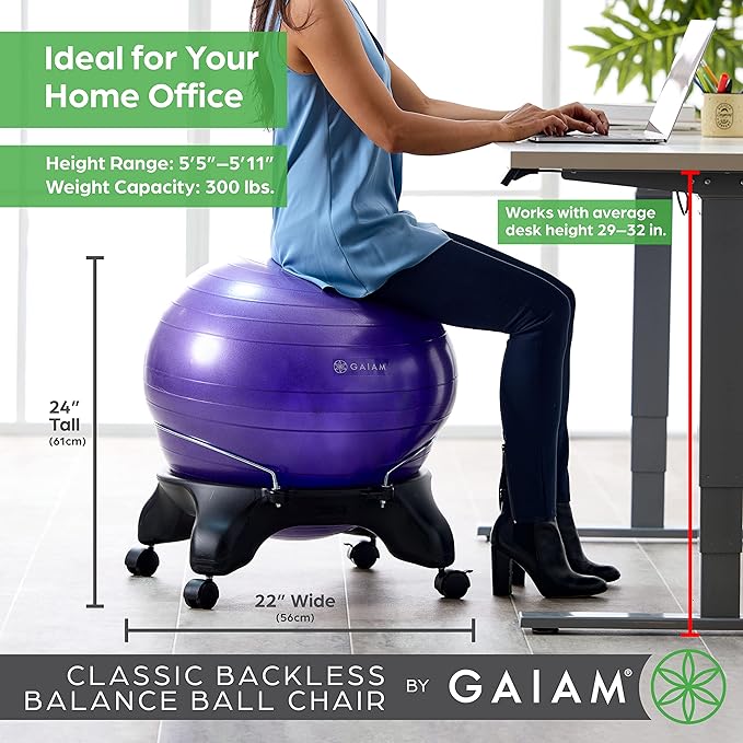 Gaiam Classic Backless Balance Ball Chair – Exercise Stability Yoga Ball Premium Ergonomic Chair for Home and Office Desk with Air Pump, Exercise Guide and Satisfaction Guarantee, Purple