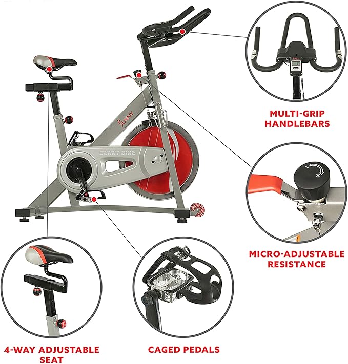 Sunny Health & Fitness Stationary Exercise Bike Machine w/ Adjustable Cushion Seat & Multi-Grip Handlebar, Indoor Cycling Equipment for Home Cardio Training, Optional Magnetic or Friction Resistance