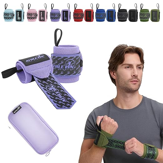 Professional Wrist Wraps, Heavy-Duty Support with Thumb Loop 18 Inch Pair for Powerlifting, Bodybuilding, Cross Training - Mesh carry pouch included (Purple)