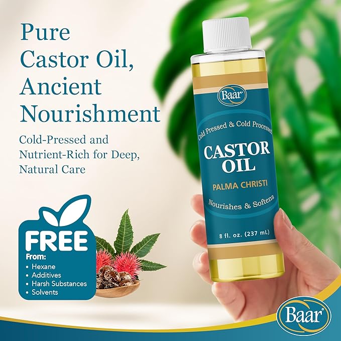 Baar Cold-Pressed Castor Oil, Cold-Processed, Hexane-Free, Palma Christi, for Skin, Hair, Massage & Castor Oil Packs, BPA-Free Bottle, 8 oz.