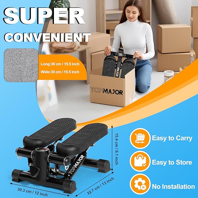 TOPMAJOR Steppers for Exercise at Home with 330 lbs Weight Capacity, Resistance Bands & Non-Slip Mat for Full Body Workout, Adjustable Height Hydraulic Stepper with LCD to Monitor Steps & Time