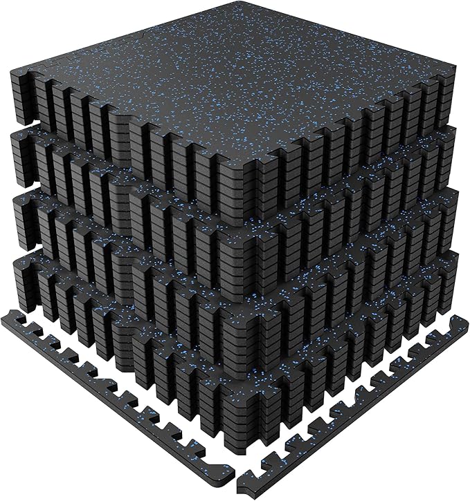 PRAISUN 0.6" Thicker Rubber Top Gym Flooring for Home Gym, 24 Pcs 96 Sq Ft Workout Mats, Exercise Mat, Interlocking Rubber Floor Mats with High Density EVA Foam for Garage, 24 x 24in, Black/Blue
