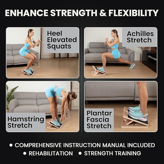 14″ Wide Premium Portable Wooden Slant Board, Thicker Bottom – Professional Adjustable Calf Stretching, Beginner & Rehab Friendly, Exercise Guide and Bonus Muscle Roller, Squats, Physical Therapy