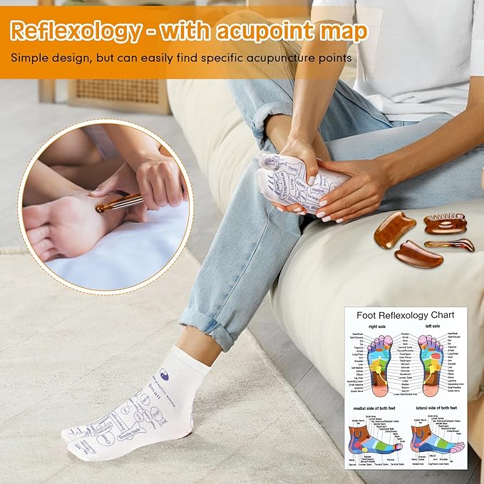 16 Pcs Reflexology Socks and Gloves with Tools Foot Reflexology Socks with Acupressure Gloves & 8 Pcs Massage Point Tools Foot Relief Acupressure Massager Set for Women and Men(Amber)