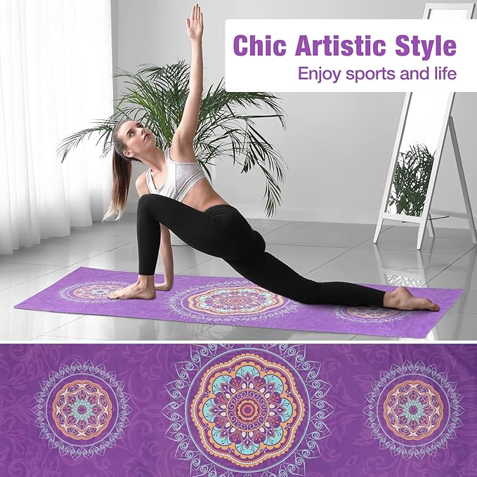 MoKo Yoga Towel, Non Slip Hot Yoga Mat Yoga Blanket Printing Pattern Quick Dry with Corner Pocket for Bikram, Pilates, Gym Workout, Outdoor Picnic, Purple Mandala
