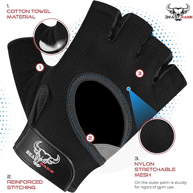 BEAST RAGE Fingerless Weight Lifting Gloves with Palm Protection Padding, Breathable Lightweight Gym Gloves for Men, Women, Weightlifting, Cycling, Exercise, Training Pull Up