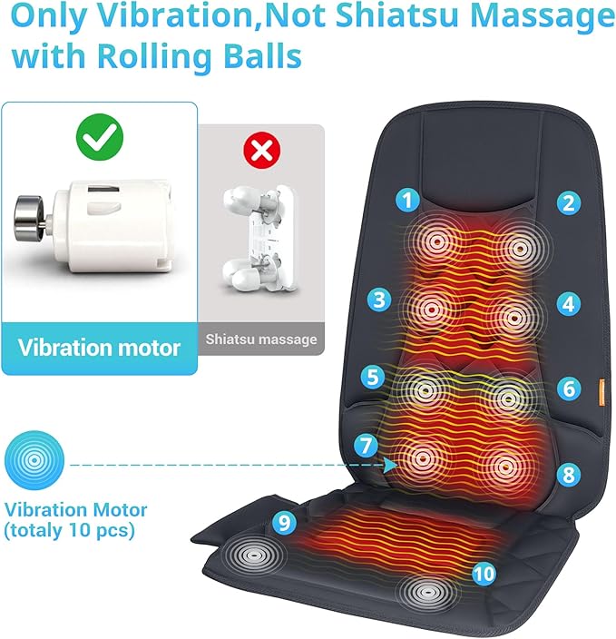 10 Vibration Motors, Massage Seat Cushion with Heat,Back Massager for Chair Back Massager Heated Seat Cover Massage Chair Pad for Pain Relief Home Office Use