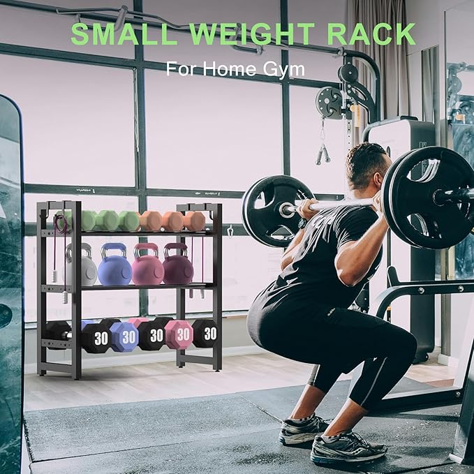 3 Tier Small Adjustable Dumbbell Rack, 390LBS Heavy Duty Weight Storage Rack with Side Hooks, Space-Saving Weight Rack for Home Gym (Rack Only)