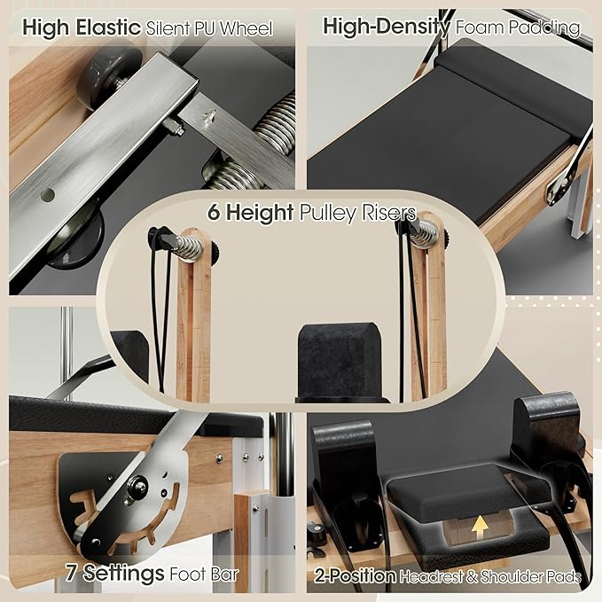 Pilates Reformer, PAETA 92" Wooden Pilates Reformer Machine with Springs, Pilates Machines for Home Use and Studio, Pilates Equipment with Sitting Box, Jump Board and Accessories