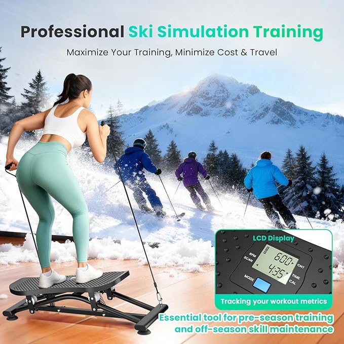 Balance Board with Resistance Bands, 300LBS Ski Balancing Machine Exercise Equipment LCD Monitor for Cardio, Home Ski Simulator Trainer for Full Body Workout