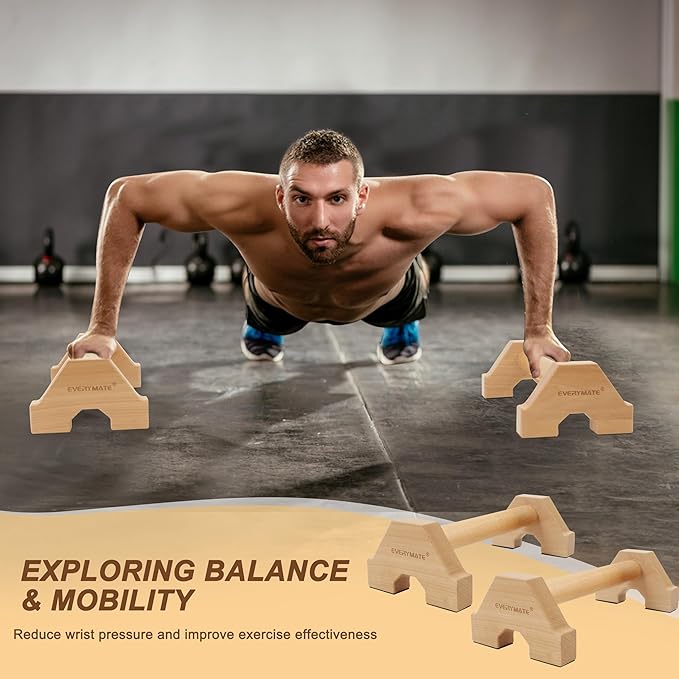 EVERYMATE Wood Push Up Bars Parallettes Bars with Rubber Feet, Anti-slip Handstand Bars for Calisthenics, Equipment for Home, Push Up Handles for Floor, Handstand Push Up Handles, Support 600 LB