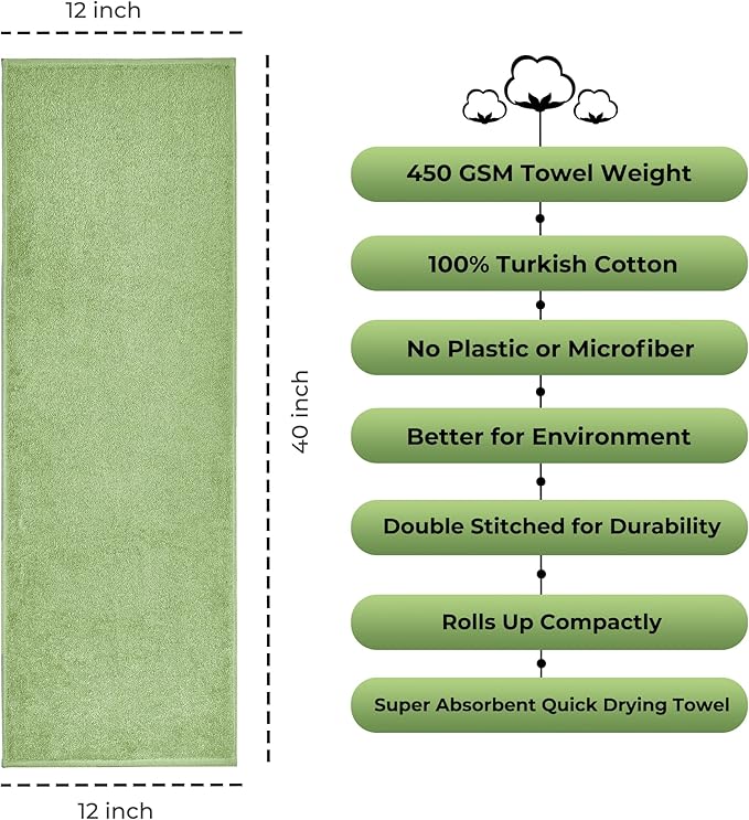 NUKURA 12” x 40” Gym Sweat Towel, 450 GSM, 100% Cotton, High Absorbency, Extra Soft & Quick Dry Workout, Yoga & Fitness Neck Towel – Sage Green