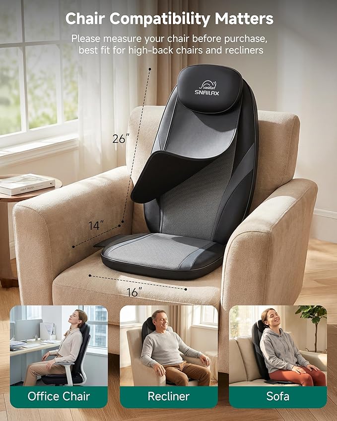 Snailax Shiatsu Back Massager with Heat Massage Chair Pad Kneading Back Massager for Pain Relief Deep Tissue Chair Massage Pad for Office Home