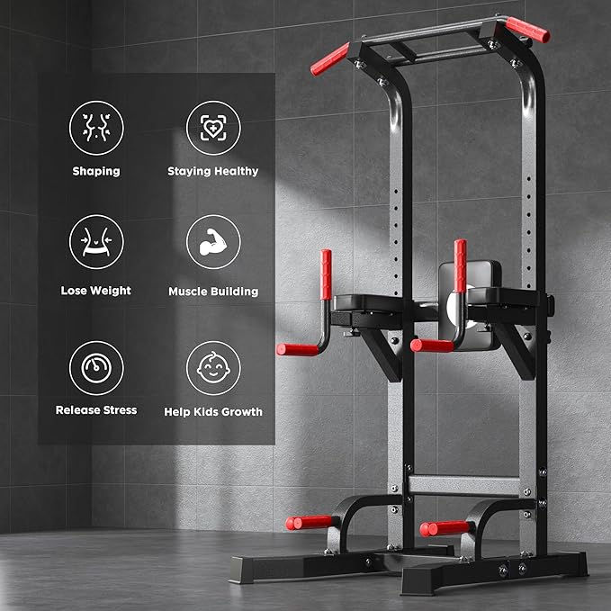 DlandHome Power Tower Pull Up Bar Station, Heavy Duty Adjustable Height for Home Gym Strength Training Equipment 330LBS Weight Capacity, Pull Up Dip Station