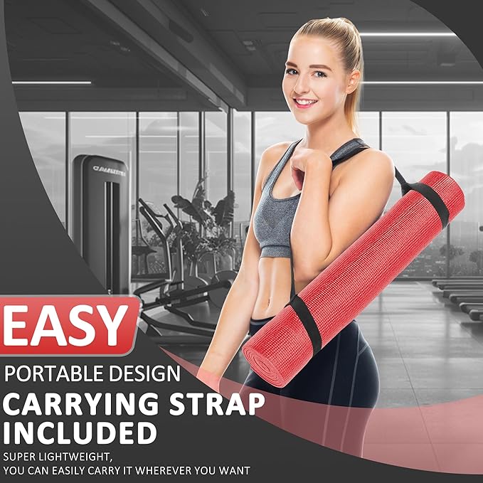 Signature Fitness All Purpose 0.25 Inch Thick High Density No Tear Exercise Yoga Mat with Strap & Lightweight Features for Indoor & Outdoor Use, Red