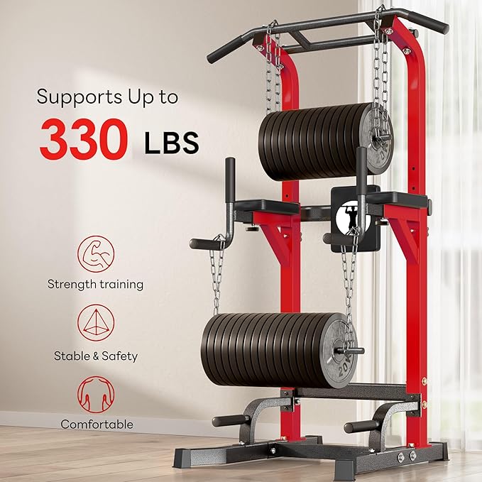 SogesPower Multi-Function Power Tower Pull Up Bar Station Pull Up Dip Station for Home Gym, 10-Level Adjustable Height Pull Up Bar Stand Dip Bar Strength Training Workout Equipment