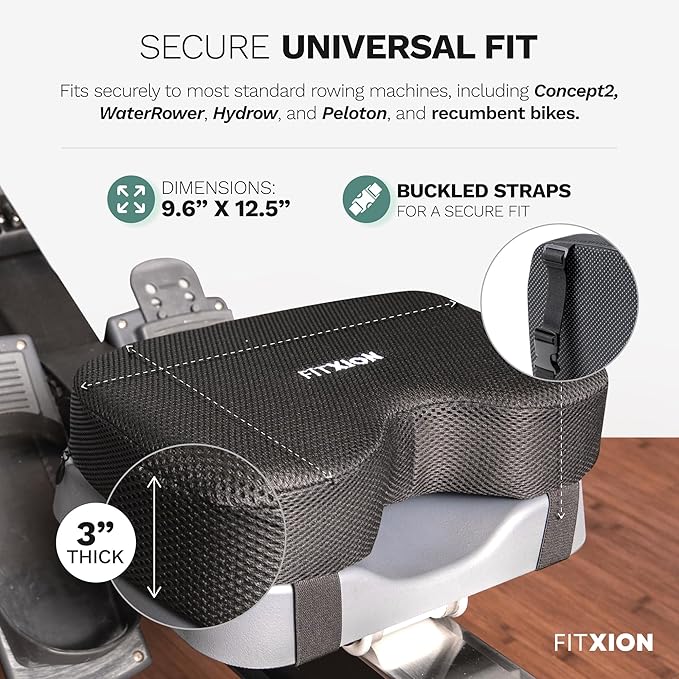 Rowing Machine Seat Cushion – Ergonomic Tail Bone Comfort Memory Foam Pad for Concept 2, Water Rower, Peloton or Recumbent Bike. Anti-Slip Base, Buckled Straps for Indoor Rowing Workouts