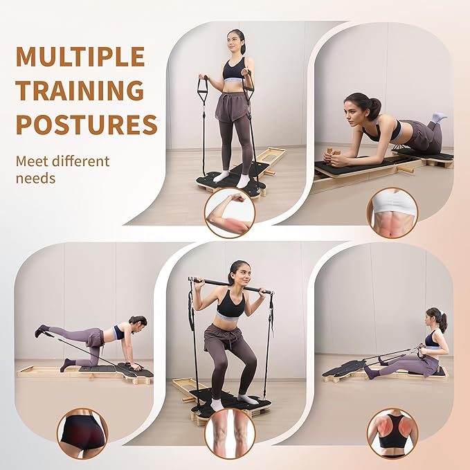 Pilates Reformer Machine,Wooden Foldable Pilates Board, Multifunctional Stable Pilates Reformer Board for Home Workout, Three Level Tension Adjustment, 6 in 1 Pilates Equipment for Woman