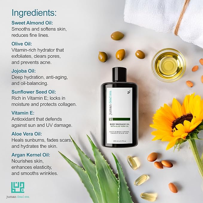 Juman Dead Sea Body Oil for Massage Therapy | Infusion of Aloe Vera Essential Oil | for Silky & Softer Skin | Body Moisturizer & Skin Lubricant | 6.76 OZ