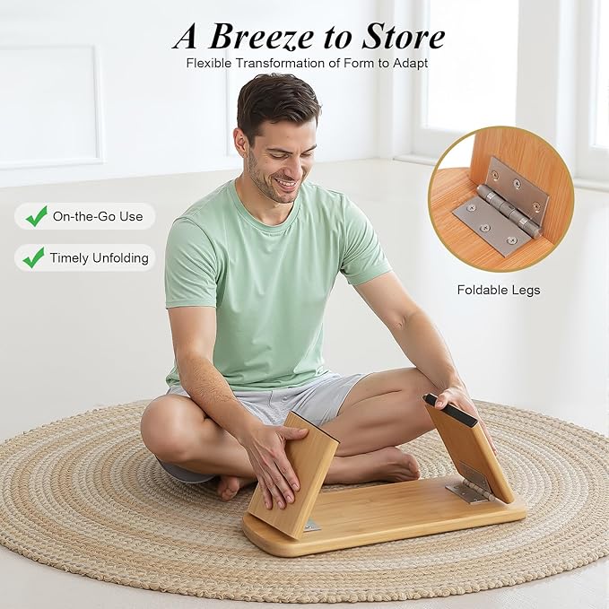 Meditation Bench, Foldable Ergonomic Meditation Stool Foldable Bamboo Kneeling Meditation Wooden Bench Yoga Stool Floor Sitting Prayer Bench for Yoga or Sitting (Green)