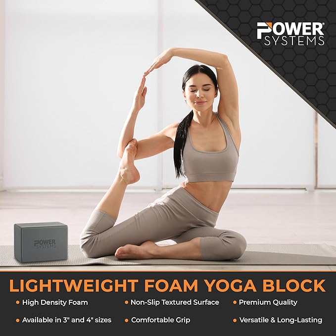 Power Systems Yoga Block | Commercial Grade Foam, Lightweight, Durable Ergonomic Support for Home and Studio Use | Yoga, Pilates, Meditation, Flexibility, and Balance with Textured Non-Slip Grip and Smooth Edges