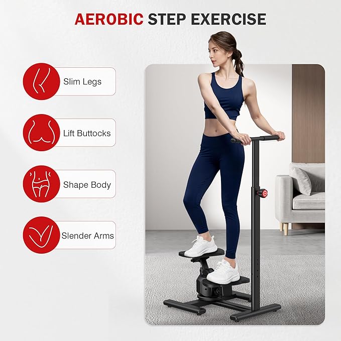Steppers for Exercise at Home,Mini Stair Stepper with Handlebar and Resistance Bands,Stair Step Workout Machine,Total Body Cardio Equipment, Optional Twist Motion,Non-Slip Pedals – 300 LB Max Weight