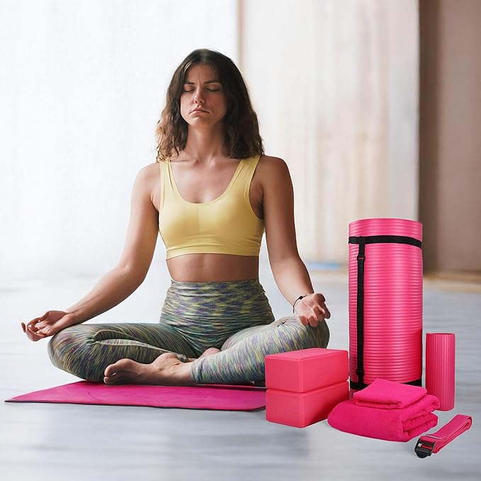 BalanceFrom 7-Piece Yoga Set with 71x24x1 Inches Extra Thick Mat and Carrying Sling – Includes 2 Blocks, Stretch Strap, 2 Towels, and Knee Pad for Home, Studio, and Gym Workouts
