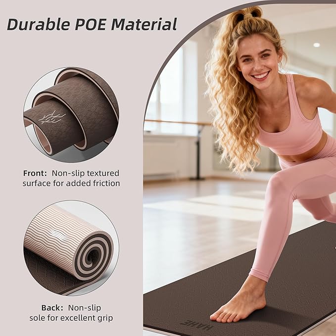 HAHE Yoga Mat Thick, 72"x32"x0.4"Th (10mm), Wide Non-Slip Exercise Mat with Carry Strap, Double-Sided POE Fitness Mat for Yoga, Pilates & Floor Workouts