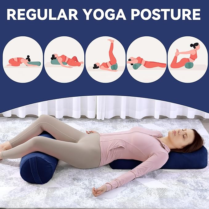 ROYALAY 2 Pcs Yoga Bolster Pillow for Restorative Yoga, Rectangular and Cylinder Meditation Pillow Set with Carrying Handles, Supportive Cushion for Exercise Workout Stretching Meditation,Dark Blue