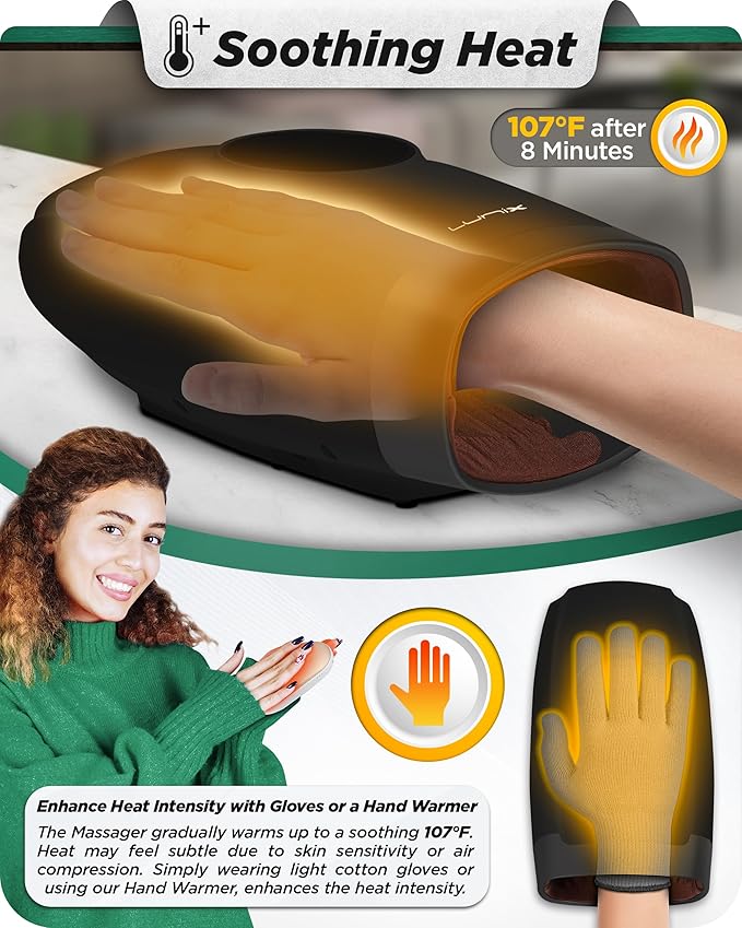 Lunix LX7 FSA LCD Touchscreen Hand Massager, Heated Air Compression, for Arthritis & Carpal Tunnel Relief, Finger Numbness & Wrist Pain Relief, Cordless Rechargeable, Charcoal Black
