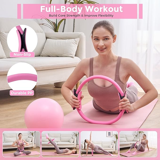 Pilates Equipment, Pilates Kit for Home Workouts, Pilates Ring and Ball Set for Women With 14.5" Pilates Ring, Ball, Resistance Bands, Sliders, Yoga Strap & Ring, Socks, Measure Tape, Stretch Band Bag